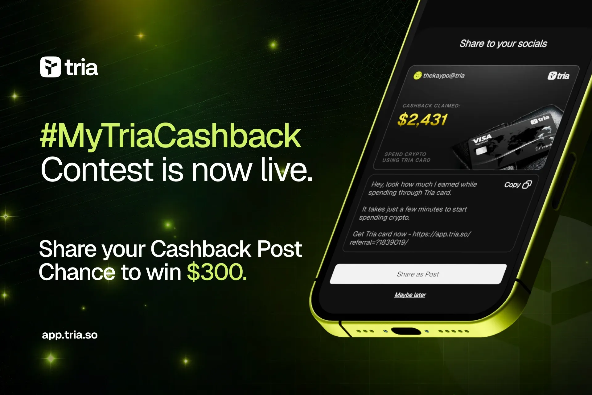 #MyTriaCashback 콘테스트: 캐시백을 공유하고 $300를 받아가세요